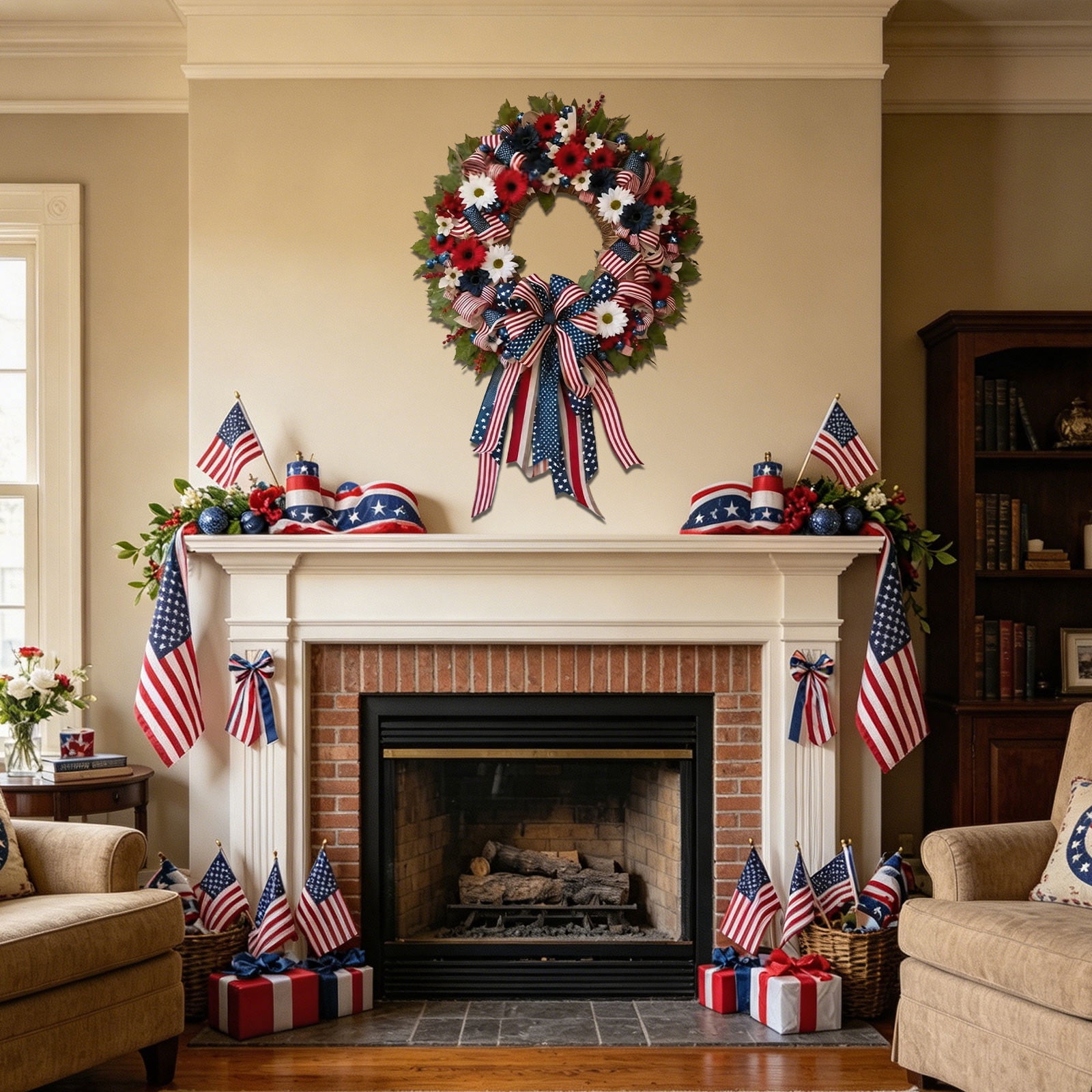 Leutsin Patriotic Wreath for Front Door, Red White Blue Floral American Flag Wreath with Ribbon Bow, 4th of July Wreath for Independence Day 250th Anniversary Home Wall Window Porch Decor