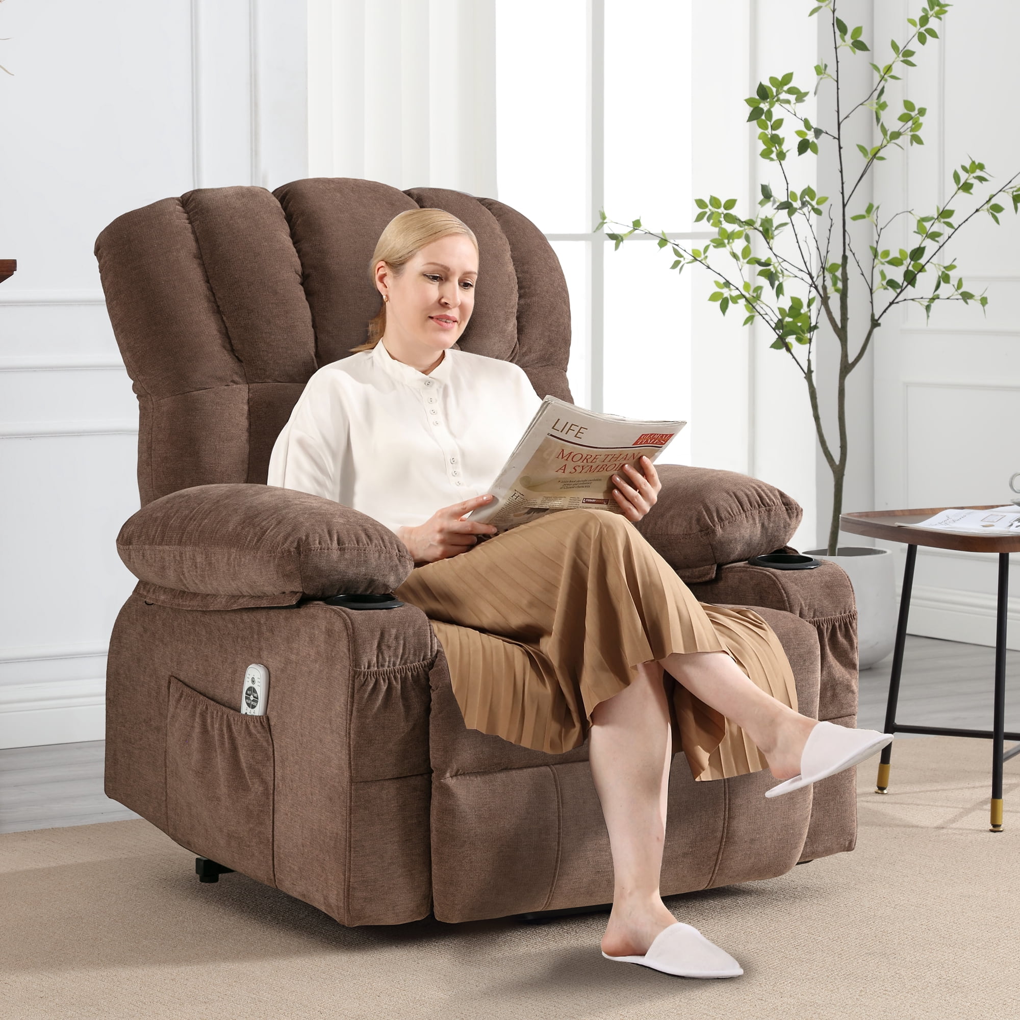 UHOMEPRO Power Lift Recliner Chair for Elderly with Heat and Massage, Recliner Chair for Livingroom with Infinite Position and Side Pockets , USB Charge Port, Cup Holders Fabric, Brown