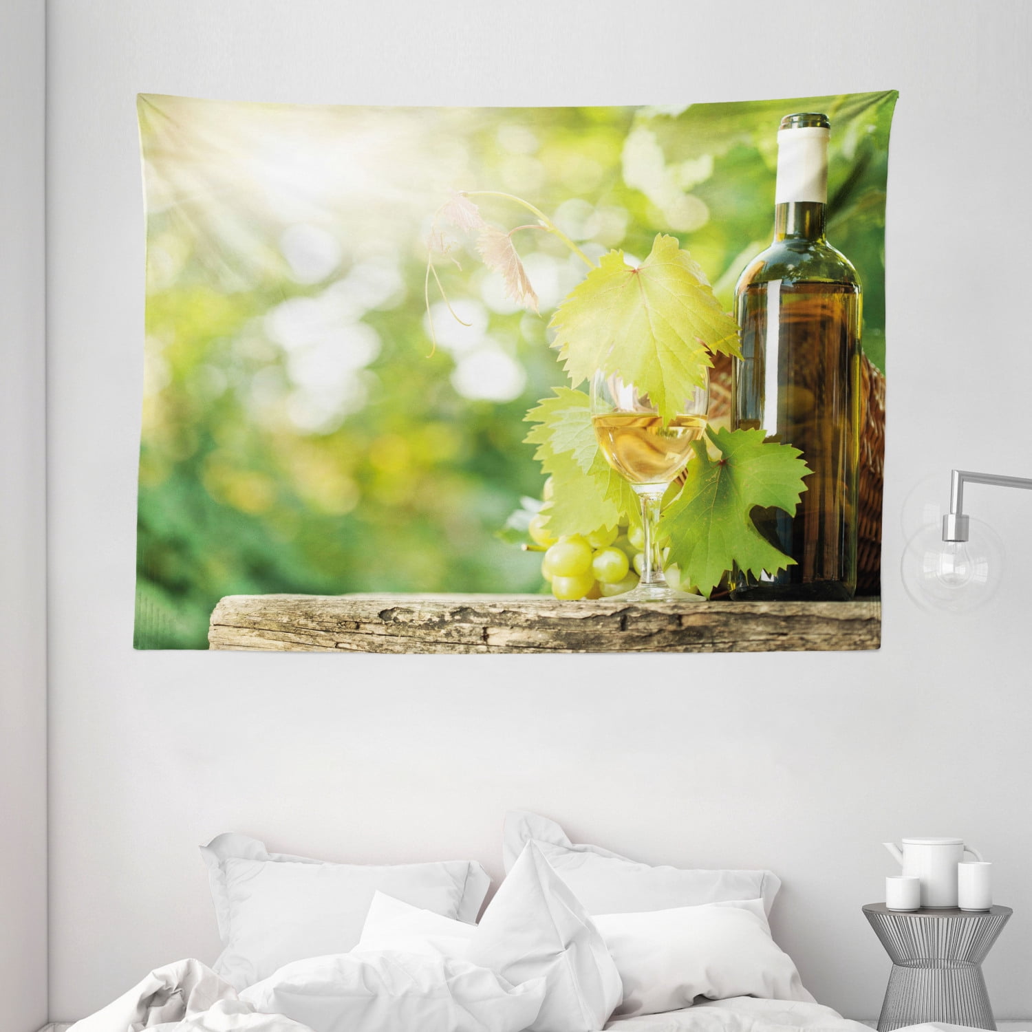 Wine Tapestry, White Wine Bottle Glass Young Vine and Bunch of Grapes ...
