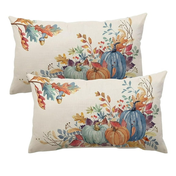 CHENjy Fall Pillow Set of 2 12x20 Inch Blue Green Watercolor Pumpkin Leaves Decorative Throw Pillow Autumn Thanksgiving Farmhouse Decor