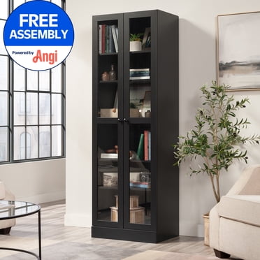 Mainstays Glass Door Storage Cabinet Bookcase, Black Finish