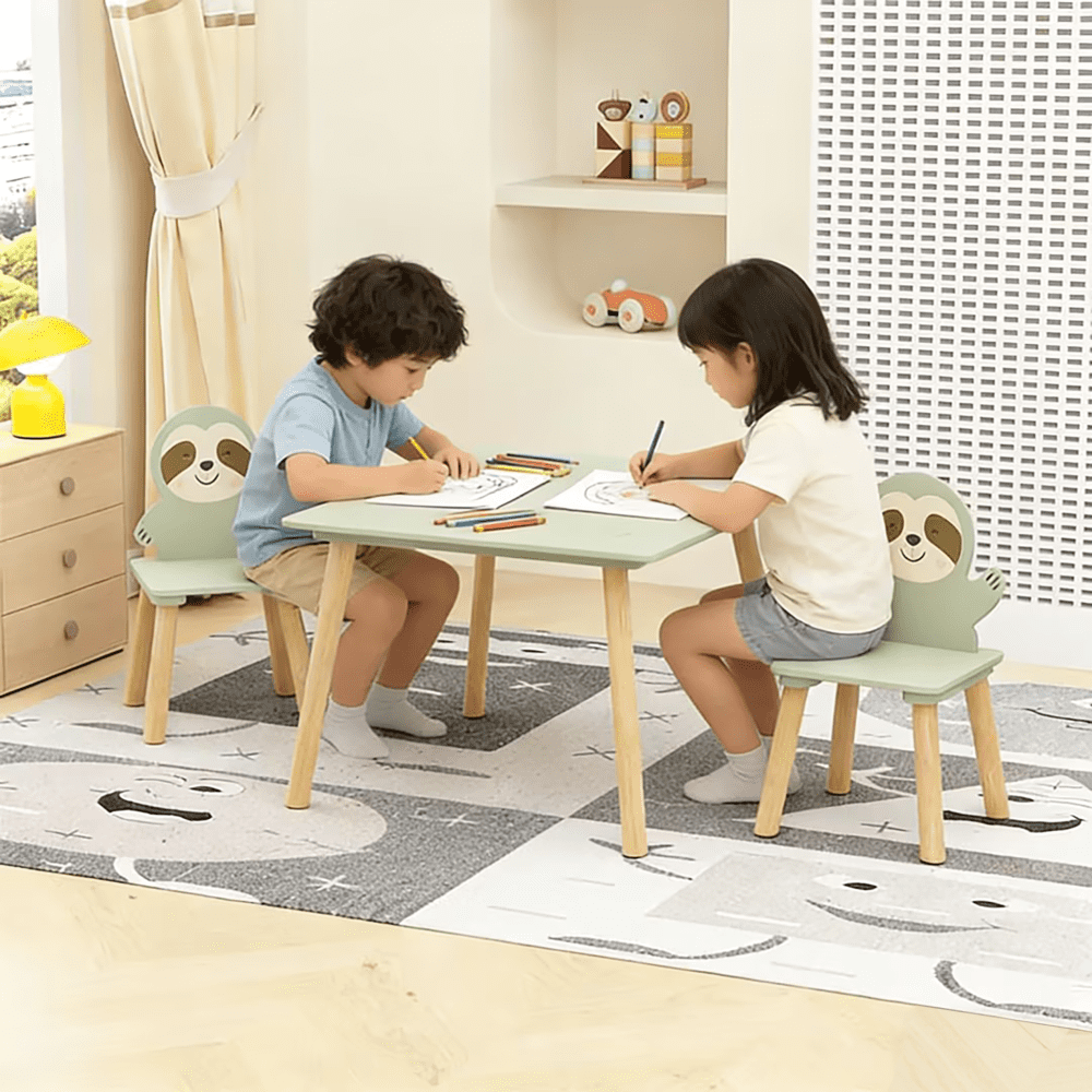 Kids Table and Chair Set with 2 Cute Sloth Chairs, Wooden Toddler Activity Table, Cute Animal Design Play & Study Set for Playroom, Bedroom, Classroom – Sage Green