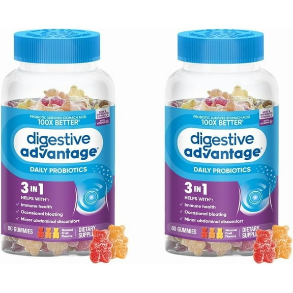 Digestive Advantage Daily Probiotic Gummies for Digestive Health, Gut Health & Immune Support, Probiotics for Men and Women - Delicious Natural Fruit Flavor, 80 Count (Pack of 2)