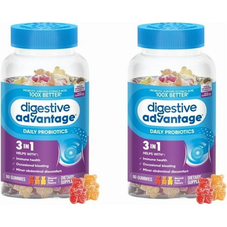 Digestive Advantage Daily Probiotic Gummies for Digestive Health, Gut Health & Immune Support, Probiotics for Men and Women - Delicious Natural Fruit Flavor, 80 Count (Pack of 2)