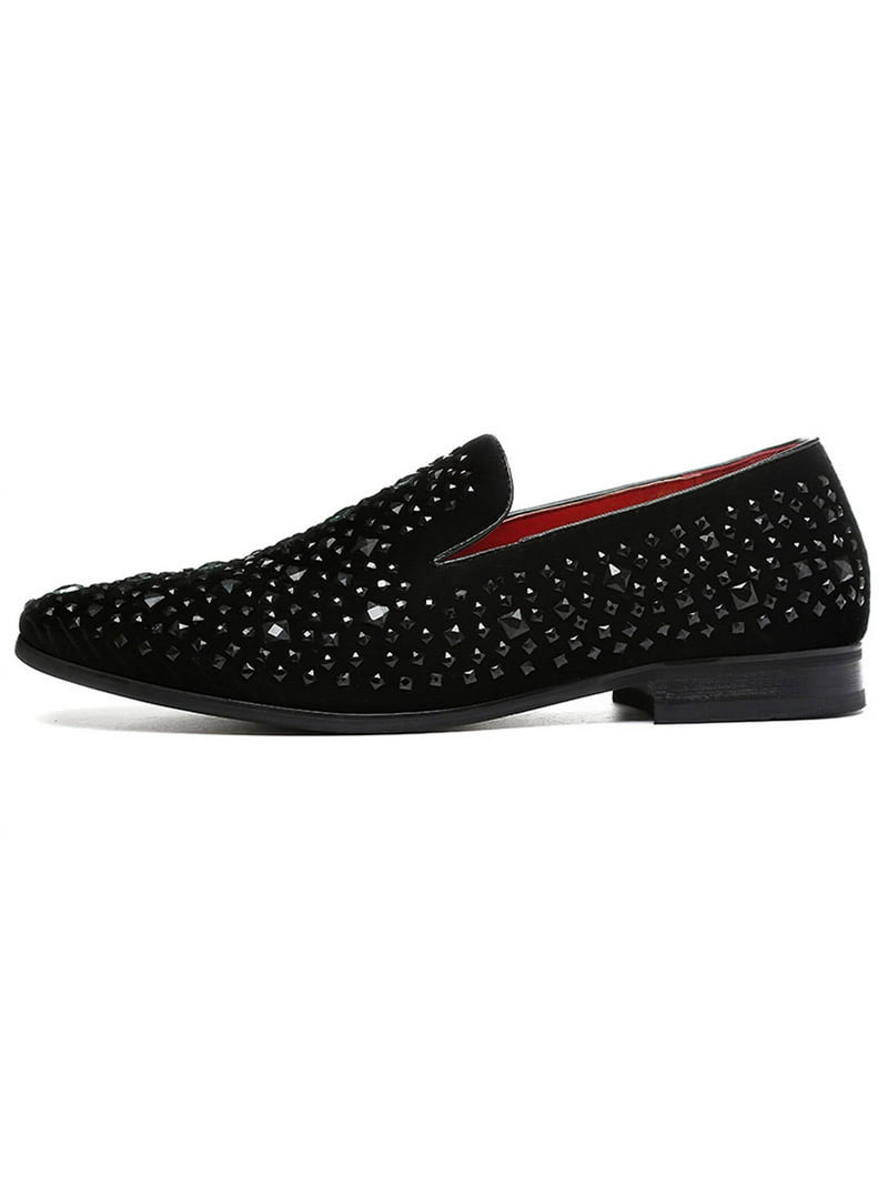 Men’s Black Rhinestone Velvet Loafers Size 11.5 Prom Wedding Tuxedo Shoes Mens Black Velvet Silver Spikes Rhinestone Loafers Shoes  main image 3