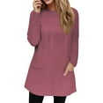 thumbnail image 3 of Oversized Tshirts for Women Warm Loose Round Neck Solid Long Sleeve Crewneck Sweatshirts Women with 2 Pockets Wine Size M, 3 of 5