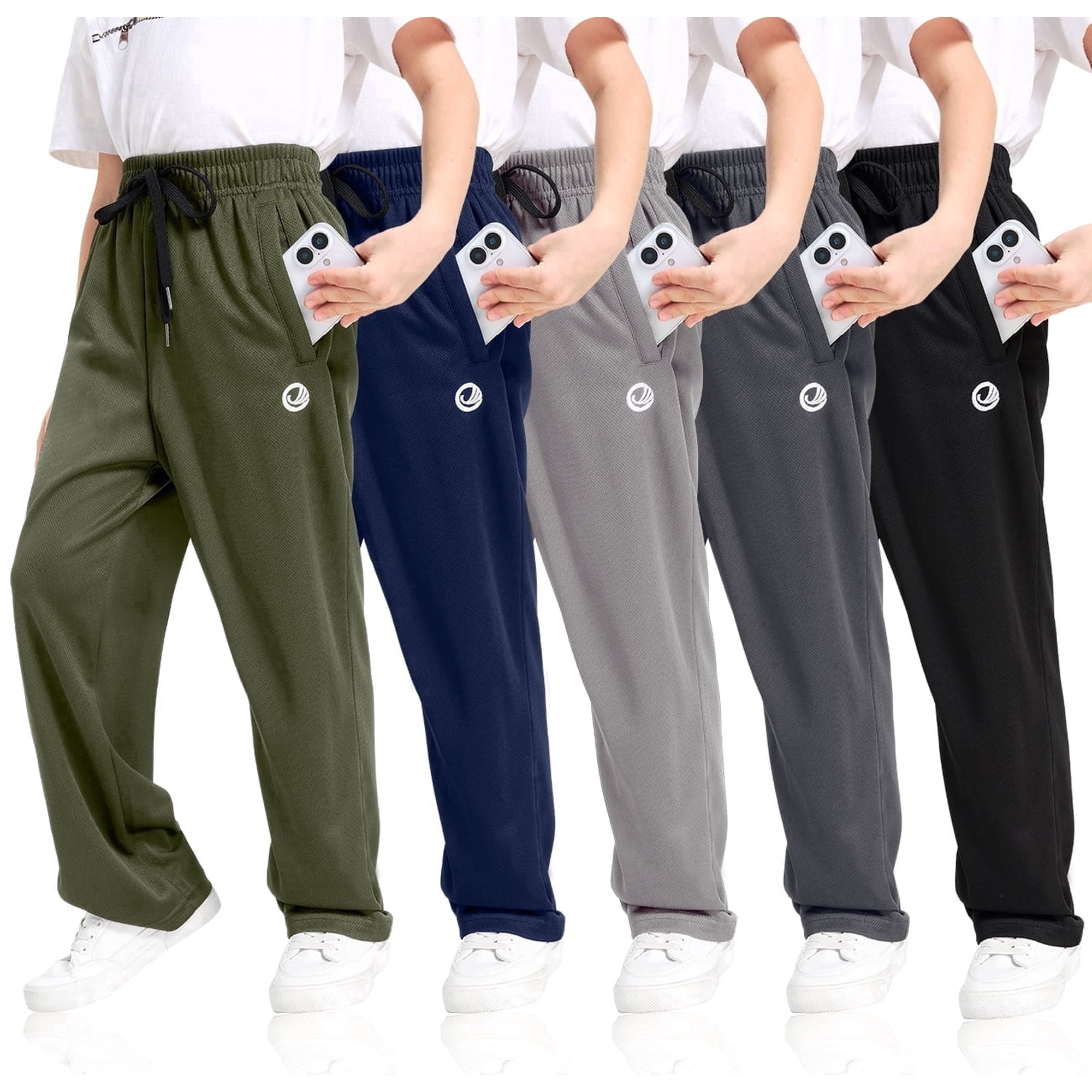 Boys Sweatpants with Zip Pockets 5Pack Athletic Pants Mesh Joggers for Boys 5-24