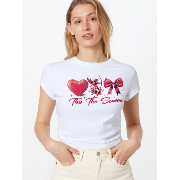 Women'S Valentine'S Day Casual T-Shirt, Polyester 95% Elastane 5%, Crew Neck, Short Sleeve, Slight Stretch, 180gsm, Knit Fabric, Love Cupid Bow Print, All Season Tee Tee For Adult, Men, Women, Teen,