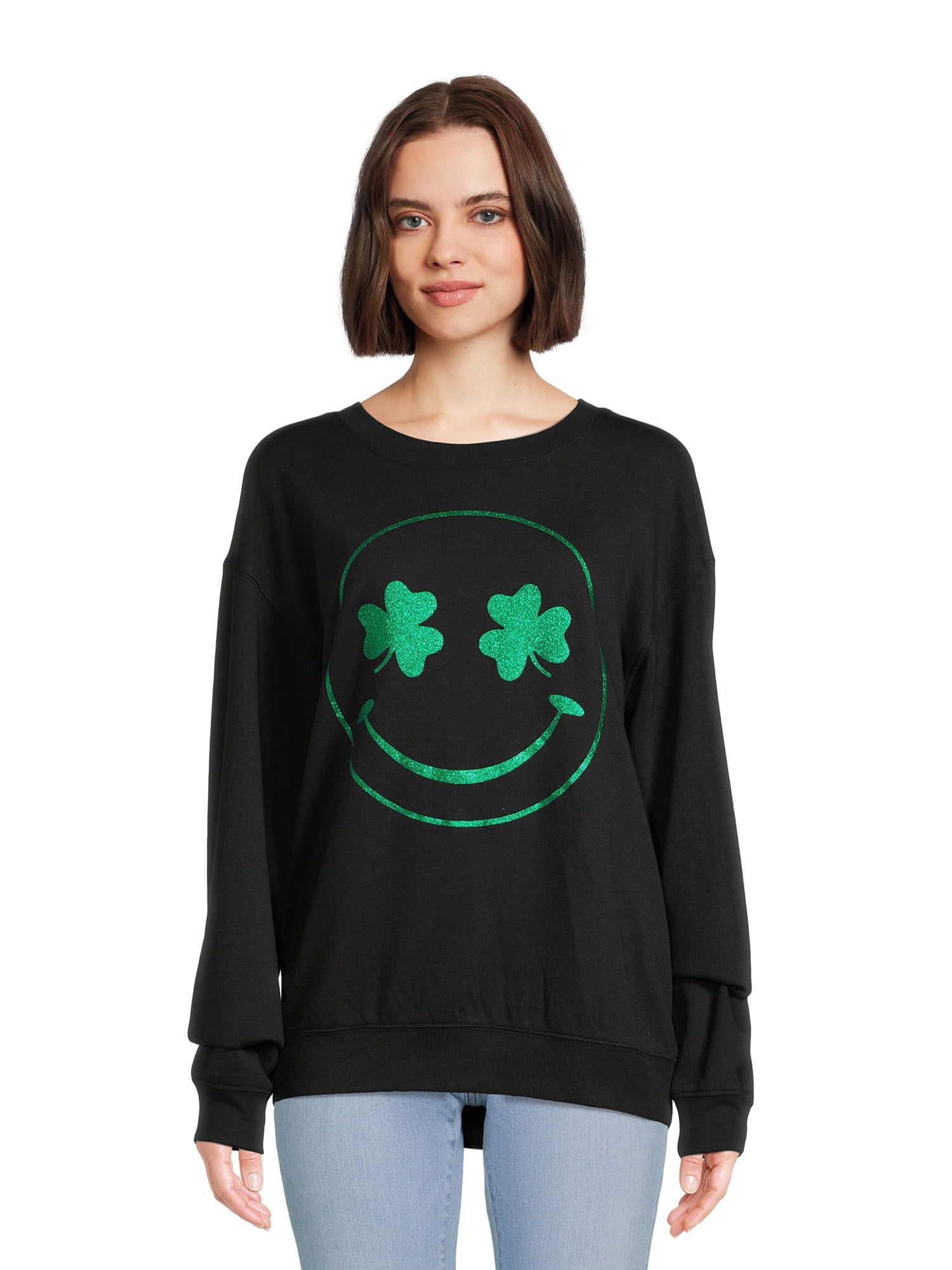 License Saint Patrick's Day Smiley Paddy Juniors Graphic Pullover Sweatshirt, Sizes XS-3XL