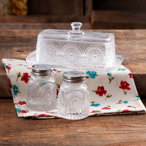 The Pioneer Woman Adeline Glass Butter Dish with Salt And Pepper Shaker