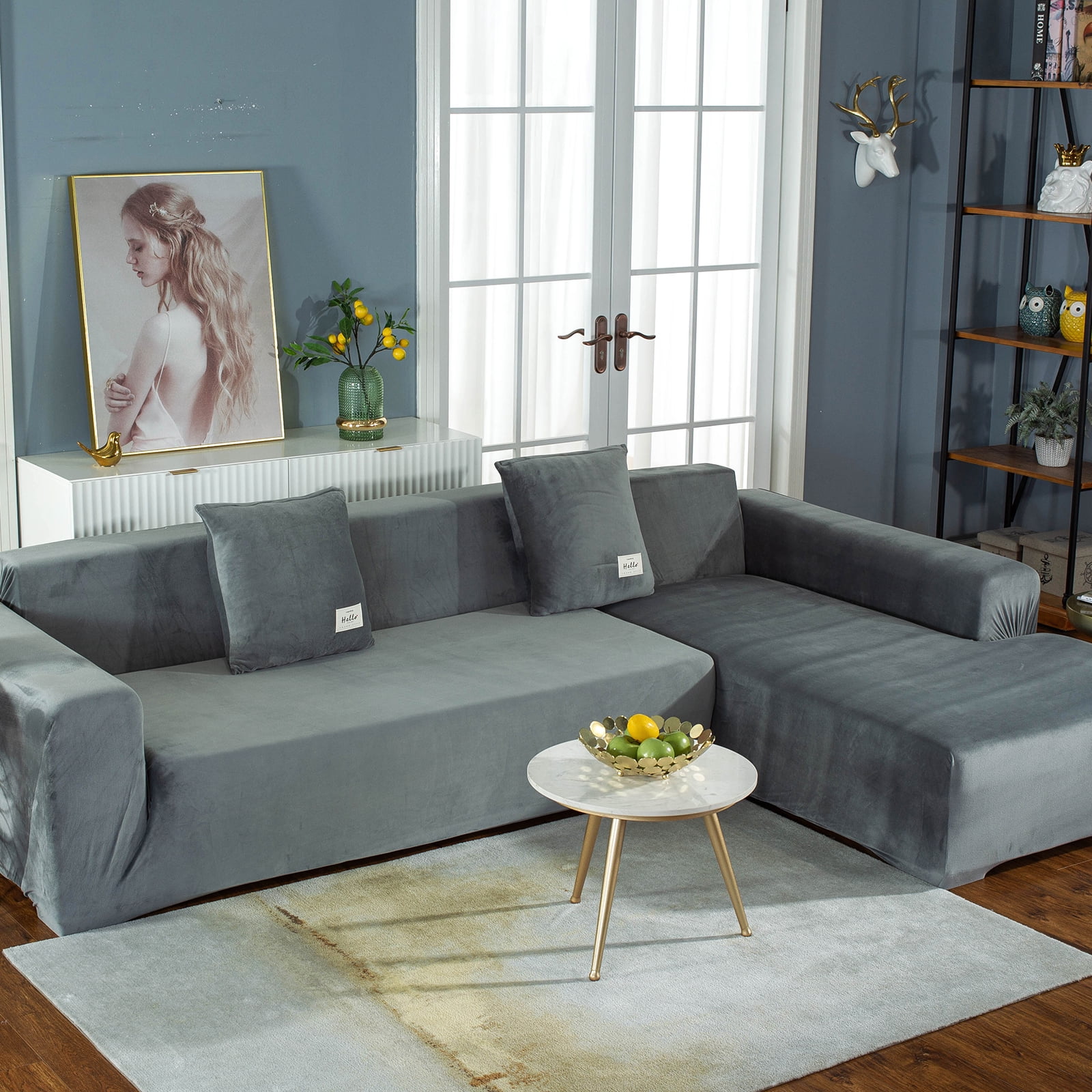 CJC Sectional Couch Covers, Velvet Stretch L Shape Sofa Covers, 2pcs Sofa Slipcovers for 3 + 4 Seaters Sectional Chaise Slipcover for Pets Kids, Grey
