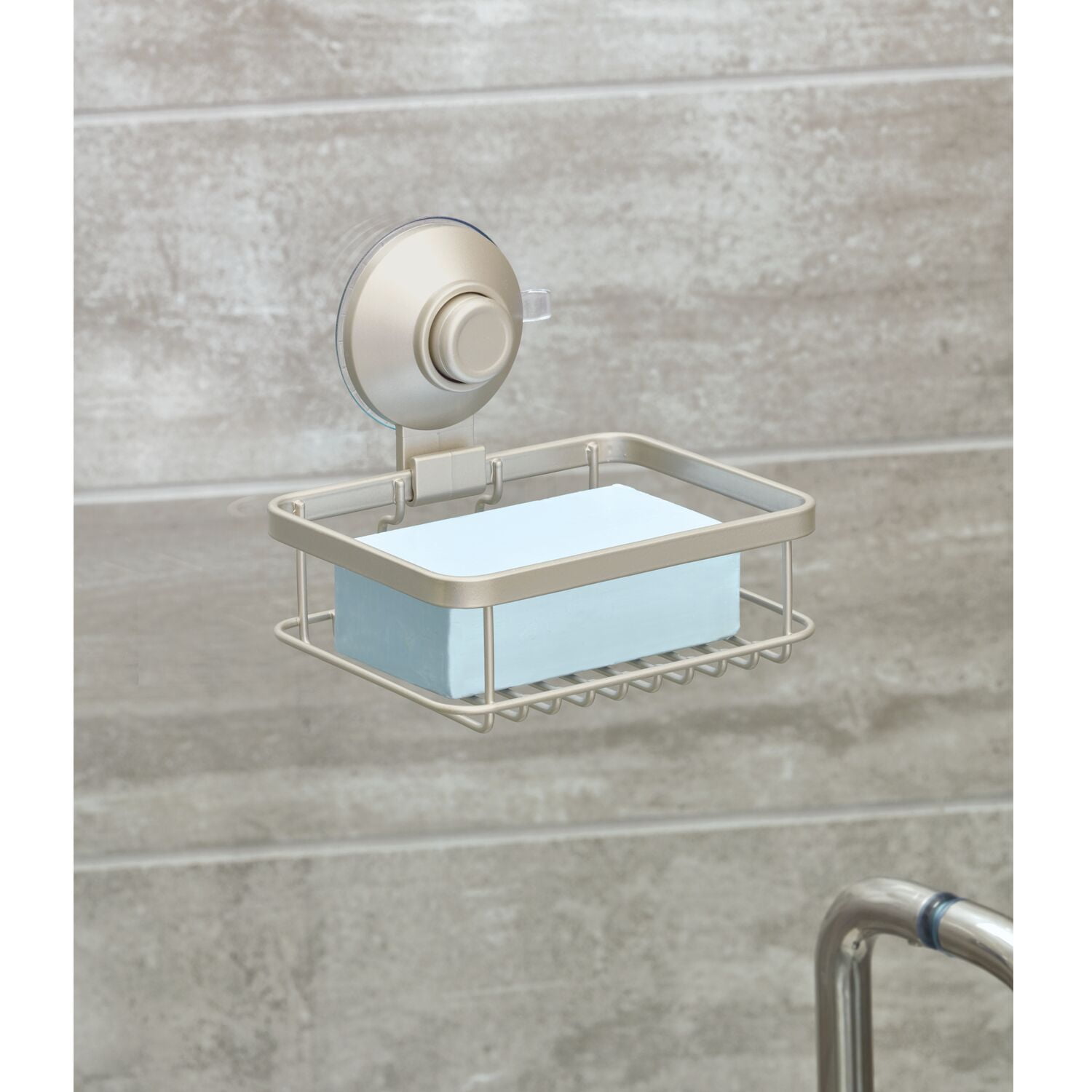 iDesign Everett Push Lock Steel Suction Soap Holder and Organizer, 5.2" x 4.25" x 4.67", Satin