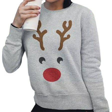 Fancyleo Women's Christmas Reindeer Sweater Long Sleeve Pullover Fawn