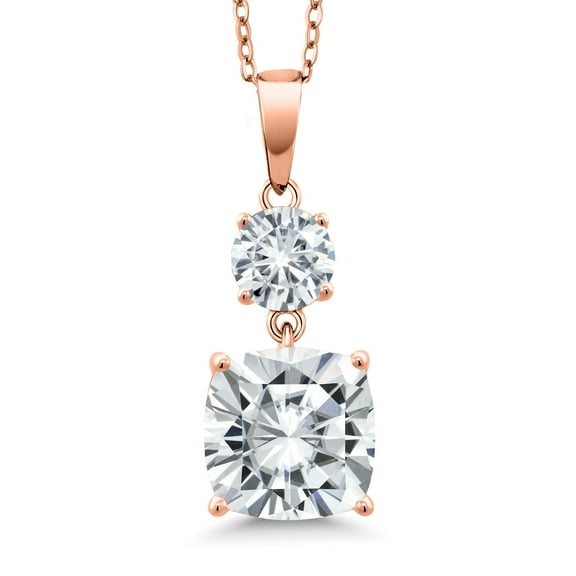 Gem Stone King 18K Rose Gold Plated Silver White Zirconia Pendant Necklace for Women (8.73 Cttw, Gemstone Birthstone, Cushion 10MM, Round 6MM)