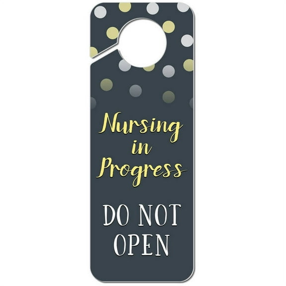 Nursing in Progress Do Not Open Polka Dots Yellow Plastic Door Knob Hanger Sign