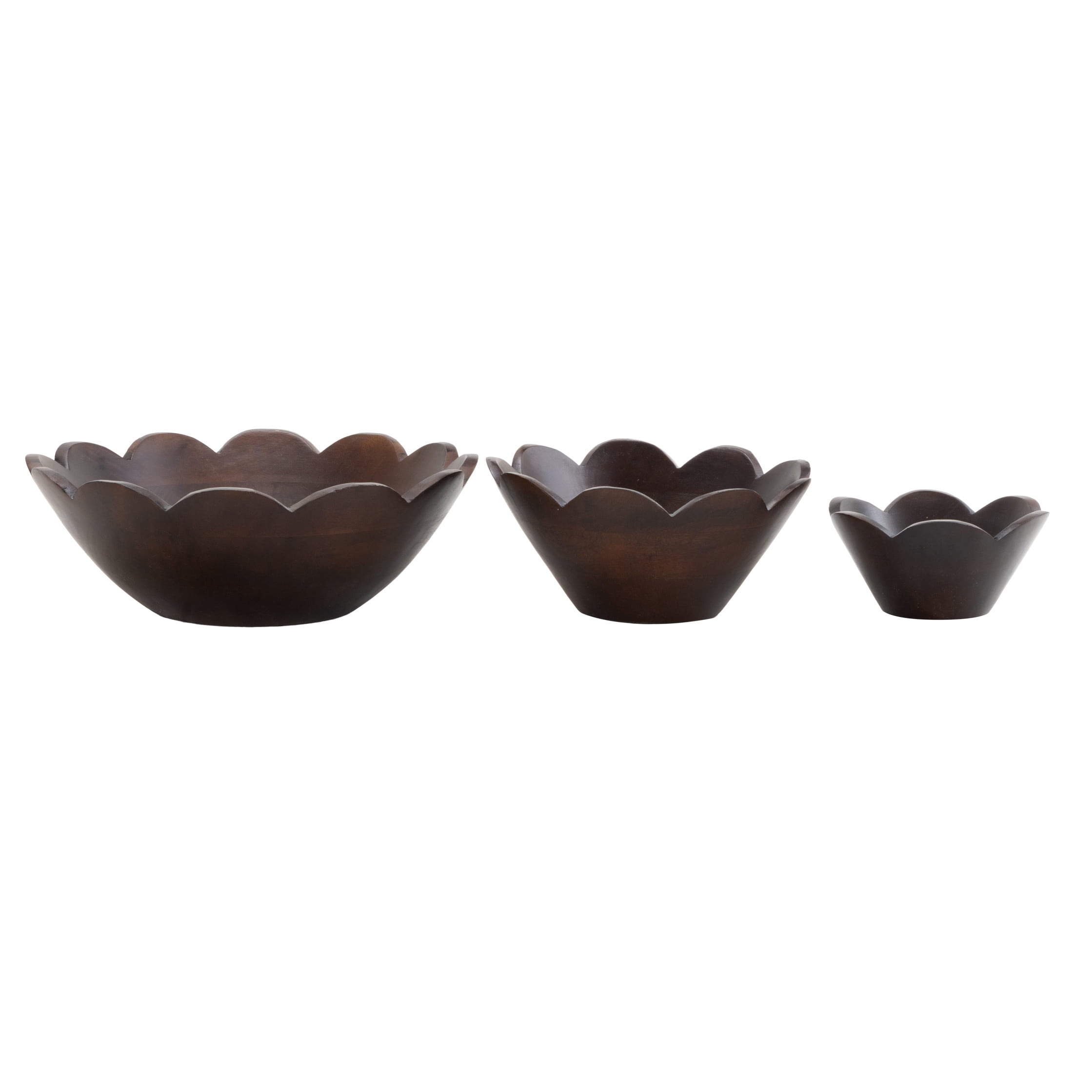 DecMode 12", 9", 6"W Handmade Round Floral Dark Brown Mango Wood Decorative Bowl, Set of 3