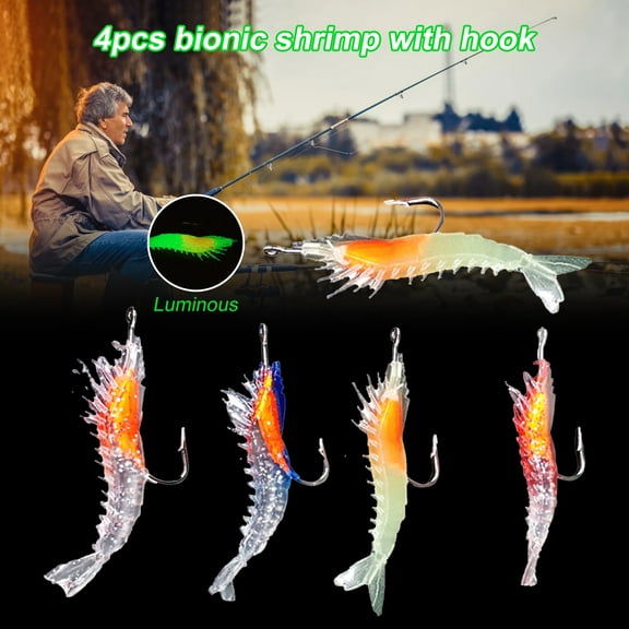 Joernso 4Pcs 6cm 3g Soft Shrimp Bait Realistic Lightweight PVC Luminous Hooked Fishing Shrimp Lure Fishing Accessory