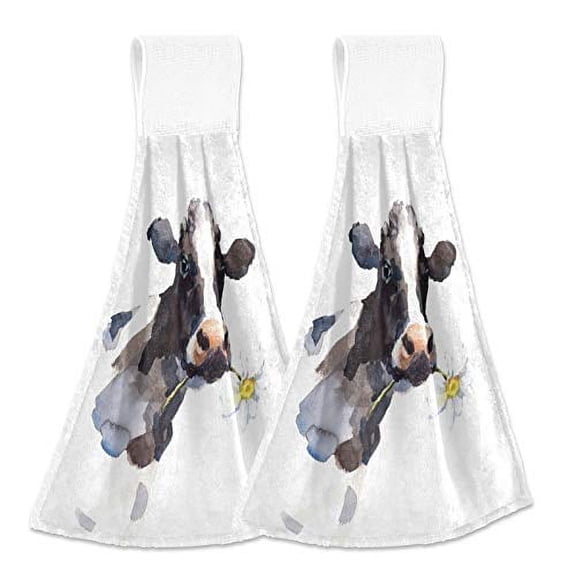 Boccsty Cow Daisy Flower in Its Mouth Farm Animal Portrait Hanging Kitchen Towels 2 Pieces Dish Cloth Tie Towels Hand Towel Tea Bar Towels for Bathroom Farmhouse Home