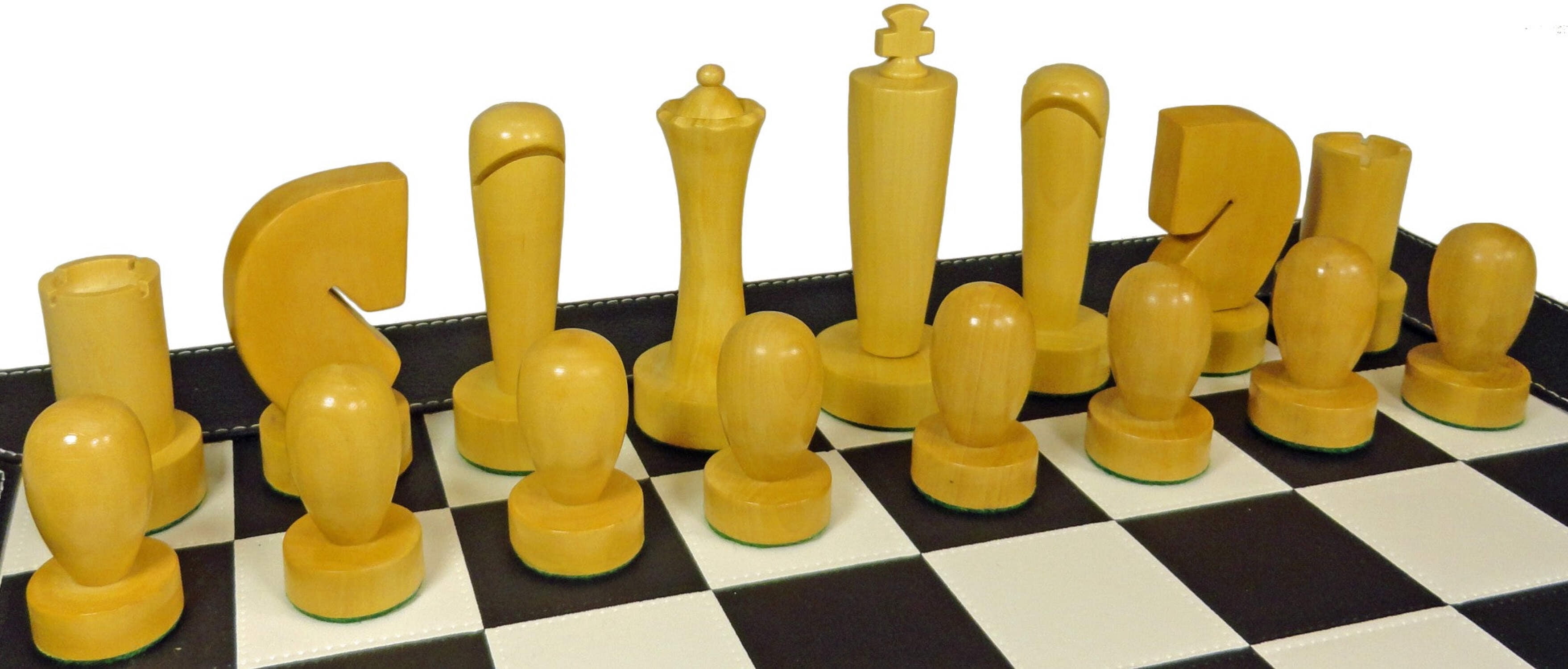 4 Q Staunton MODERN BERLINER Wood Chess Set 18" Black  White Faux Leather Board