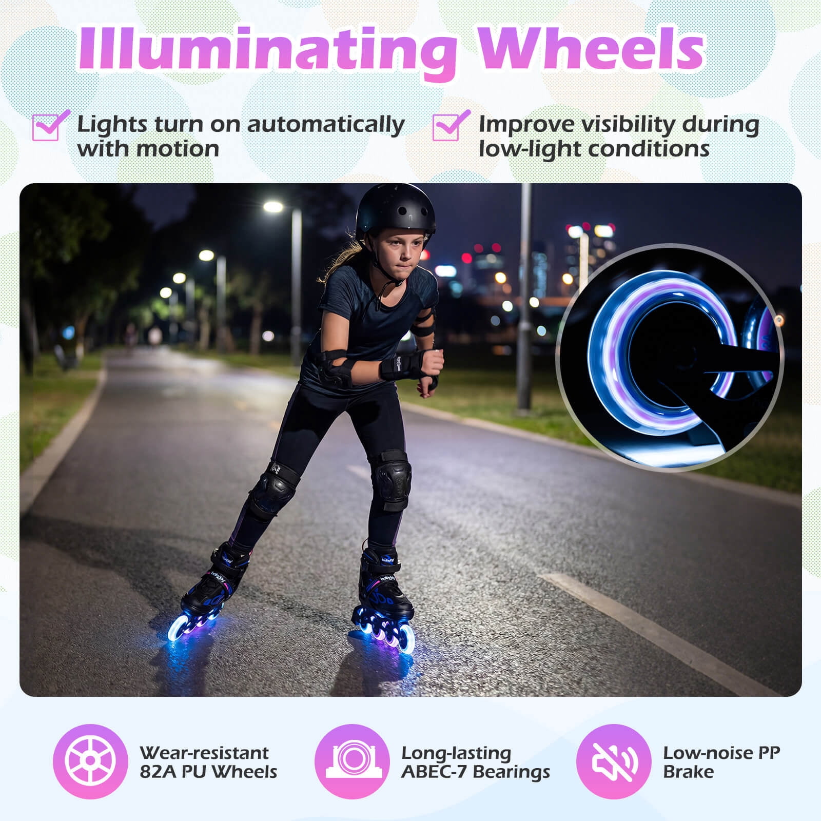 Babyjoy Adjustable Kids’ Inline Skates Ages 9-14 4 Sizes Adjustable Blade Roller with Light-up Wheels Purple & Black