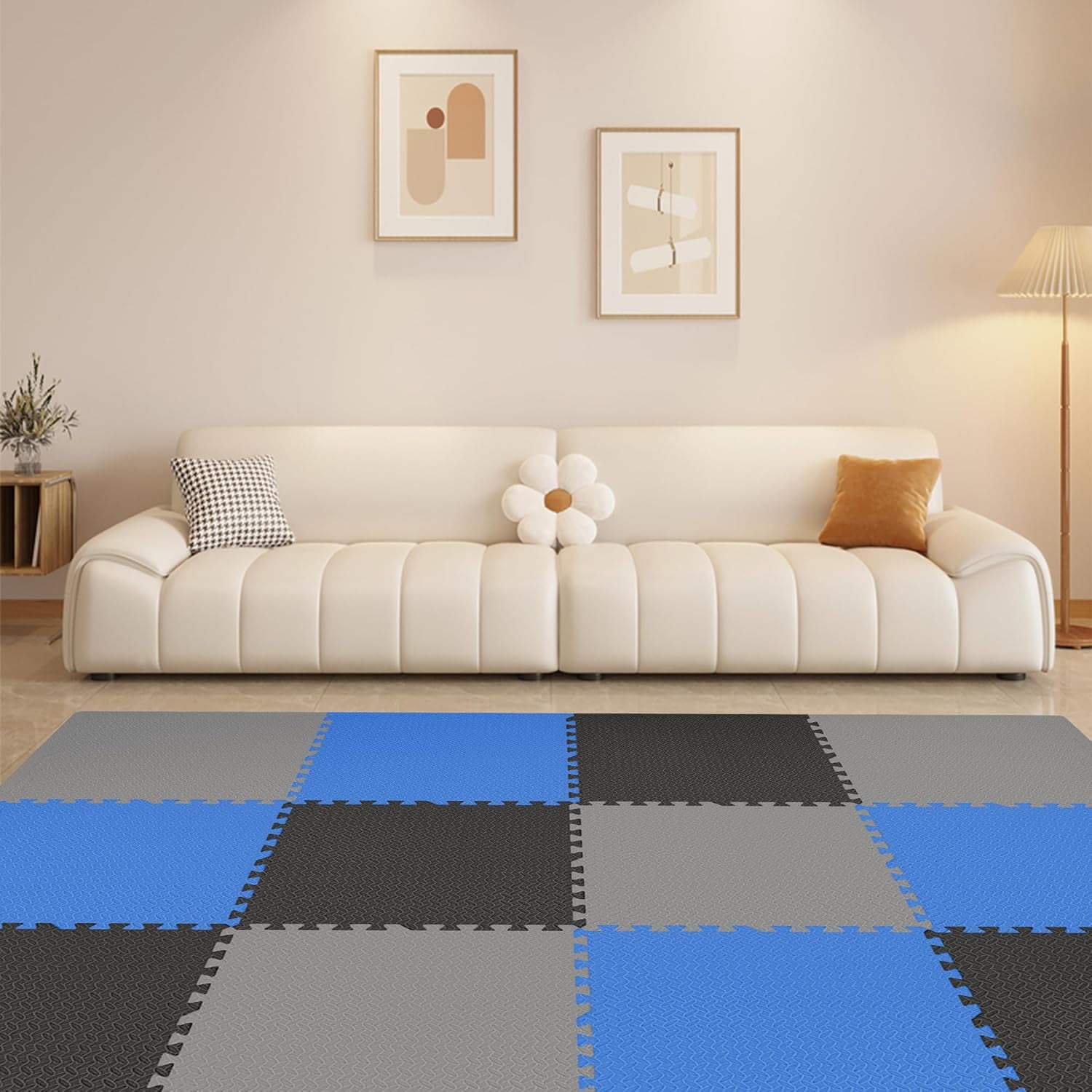 FIXTECH Puzzle Exercise Mat, EVA Interlocking Foam Floor Tiles For Home Gym, Mat For Home Workout Equipment, Floor Padding For Kids, Blue, 24 In X 24 In X ½ In, 96 Sq Ft - 24 Tiles