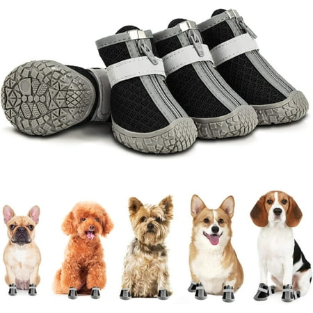 4Pcs Dog Shoes for Small Dogs  Waterproof Dog Boots Paw Protector for Hot Pavement Winter Snow  Dog Booties with Reflective Strips Rugged Anti-Slip Sole for Hardwood Floors Outdoor Walking