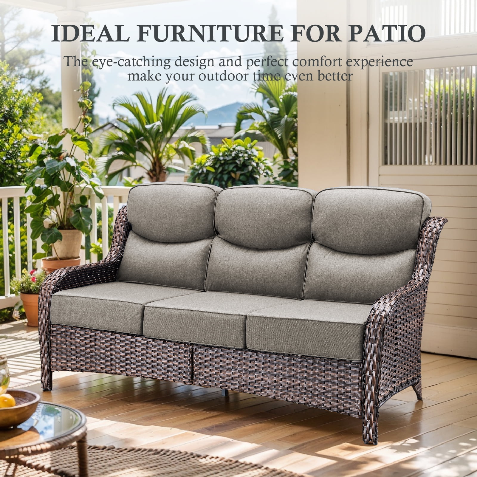 POCASSY Patio Furniture Set with 6-inch Extra Thick Cushion, 5 Pieces Outdoor Patio Furniture with Firepit Table, Swivel Chairs, and Sofa Couch, Outdoor Conversation Set for Porch Balcony