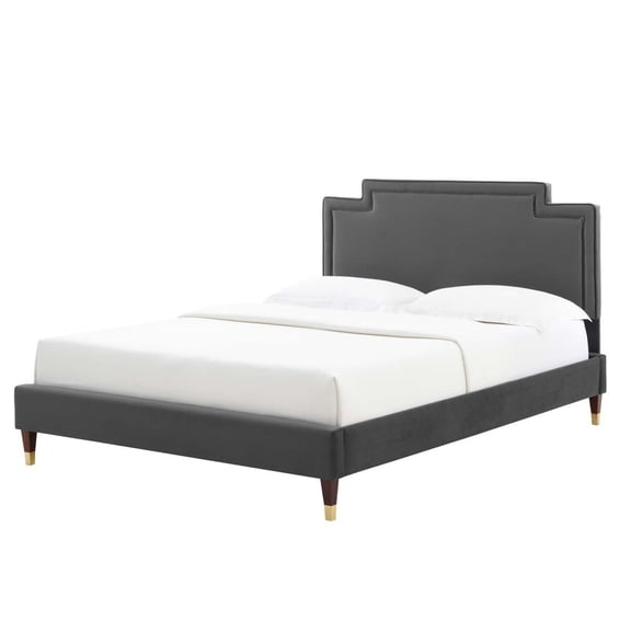 Platform Bed Frame, King Size, Dark Grey Gray, Velvet, Mid Century French Bedroom, Modern Contemporary Boutique HB35466