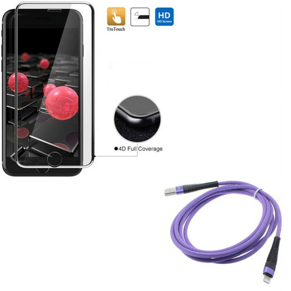 iPhone 7/8 PLUS 6ft USB Cable w Screen Protector - Purple Charger Cord Power Wire, Tempered Glass 4D Touch Curved Edge Full Cover for iPhone 8 PLUS/7 Plus