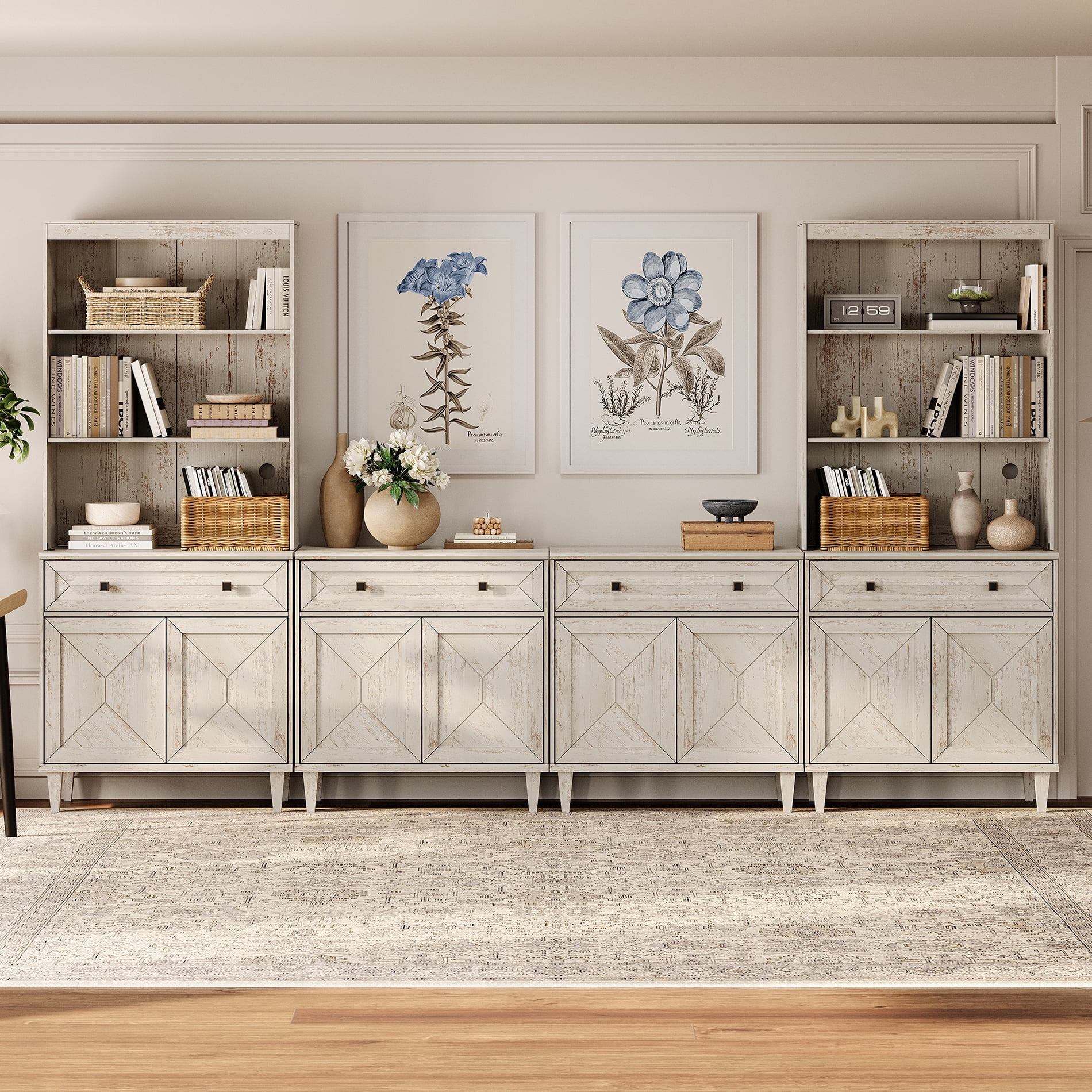WAMPAT Patchwork 126" TV Stand with Cabinets and Shelves for 70" TV,White