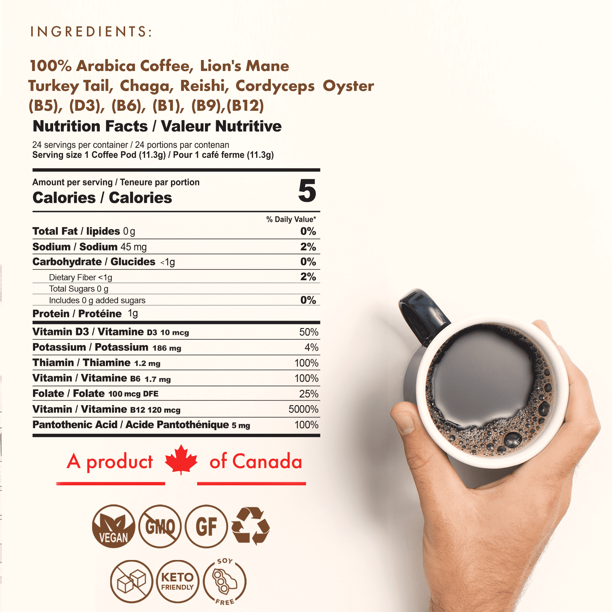 Sollo Infused Super 6 Mushroom Blend, Coffee Pods – 100% Arabica Medium Roast with 6 Functional Mushrooms & B-Vitamins – Lion’s Mane, Chaga, Reishi, Cordyceps, Turkey Tail, Oyster – 24 K-Cups