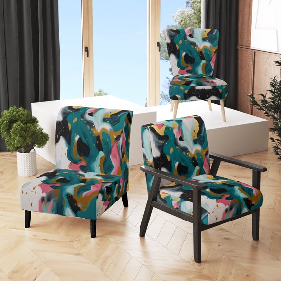 Designart "Abstract Serenity in Turquoise and Pink I" Turquoise Geometric Shapes In Harmony Upholstered Accent Chair - Modern Arm Chair For Bedroom