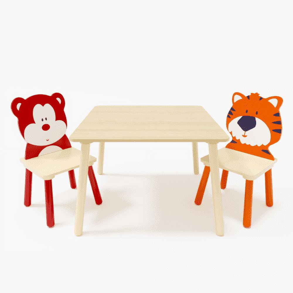 Yoneston Wood Kids Table and 2 Chairs Set, 3 Piece Toddler Activity Play Table Set for Playroom(2-8 years), Bear & Tiger