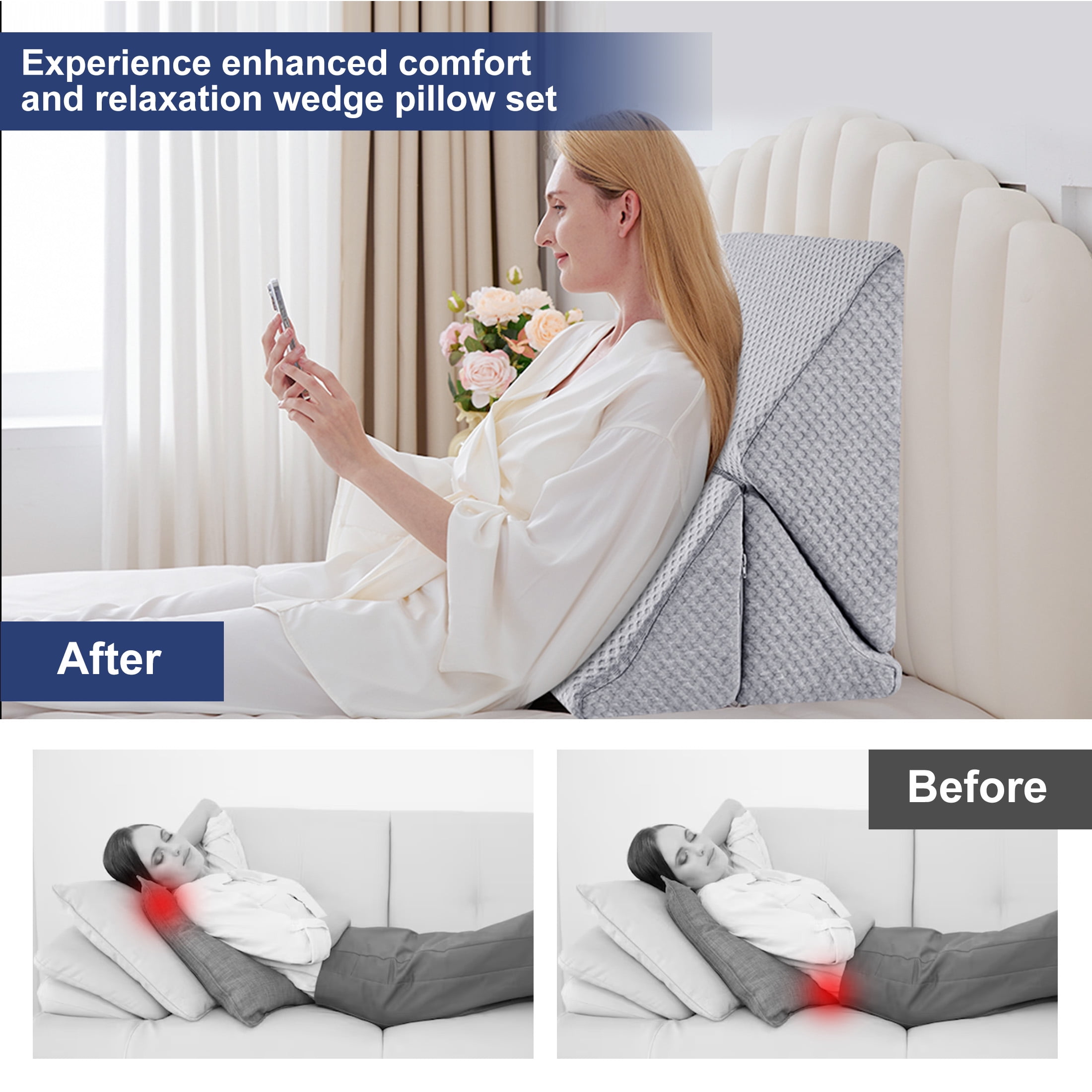MOONORAH Wedge Pillow Set for Sleeping Post Surgery & Apnea，3 in 1 Memory Foam Reading Pillow, Orthopedic Bed Wedge Pillows Headboard for Acid Reflux, Leg Pain & Back Pain Relief - Gray