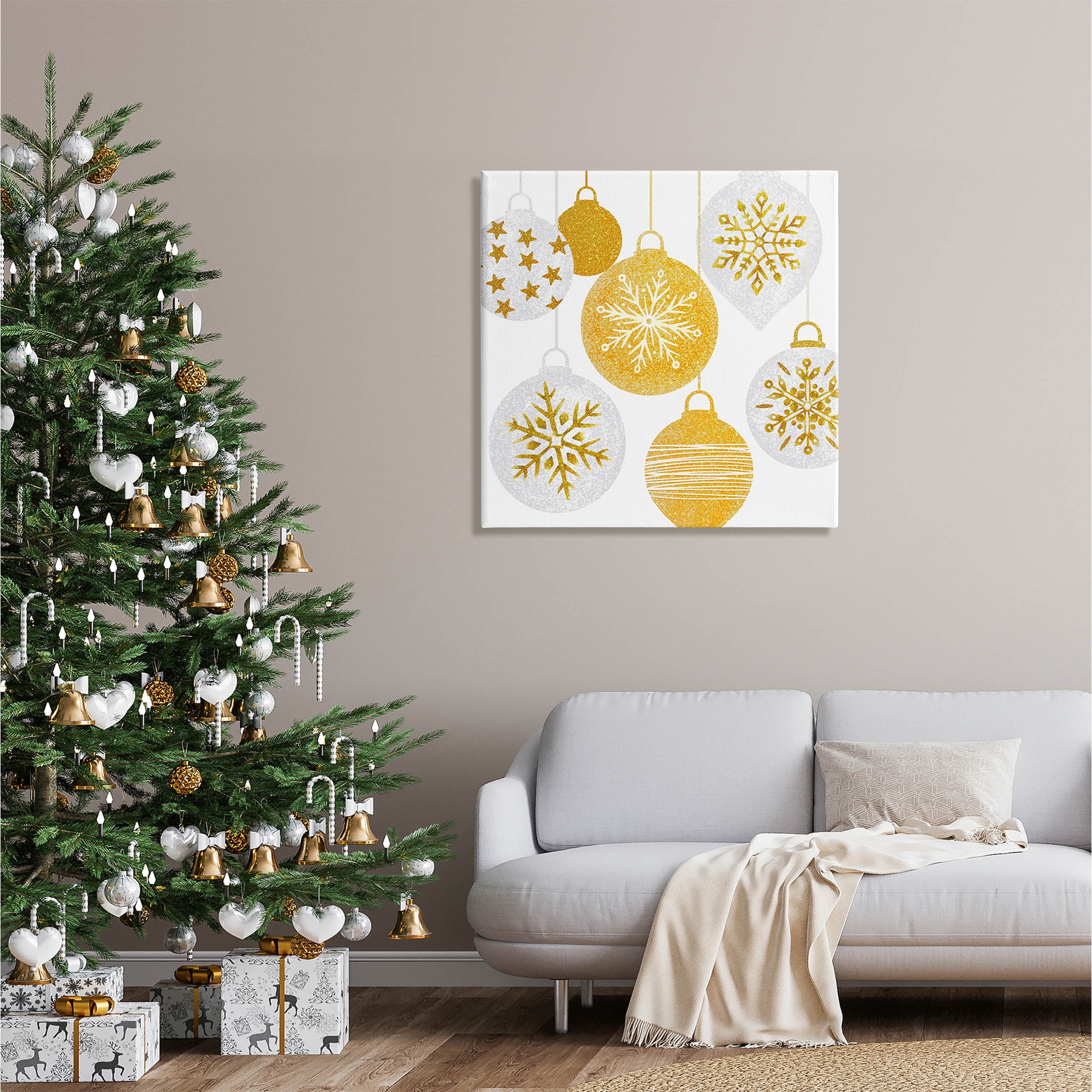 Glimmering Hanging Christmas Baubles Holiday Graphic Art Gallery Wrapped Canvas Print Wall Art