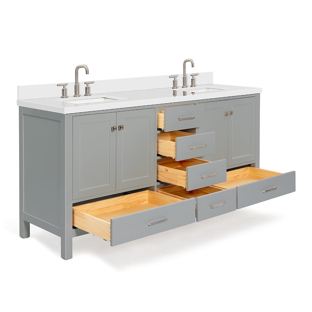 ARIEL Cambridge 73 Inch Double Rectangle Sink Vanity With White Quartz Countertop In Grey