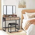 thumbnail image 2 of Table de Maquillage avec Tabouret Rembourré, avec Miroir Triple, 3 Tiroirs, Porte-sèche-Cheveux, Pot, Style Industriel, Marron et Noir, 2 of 6