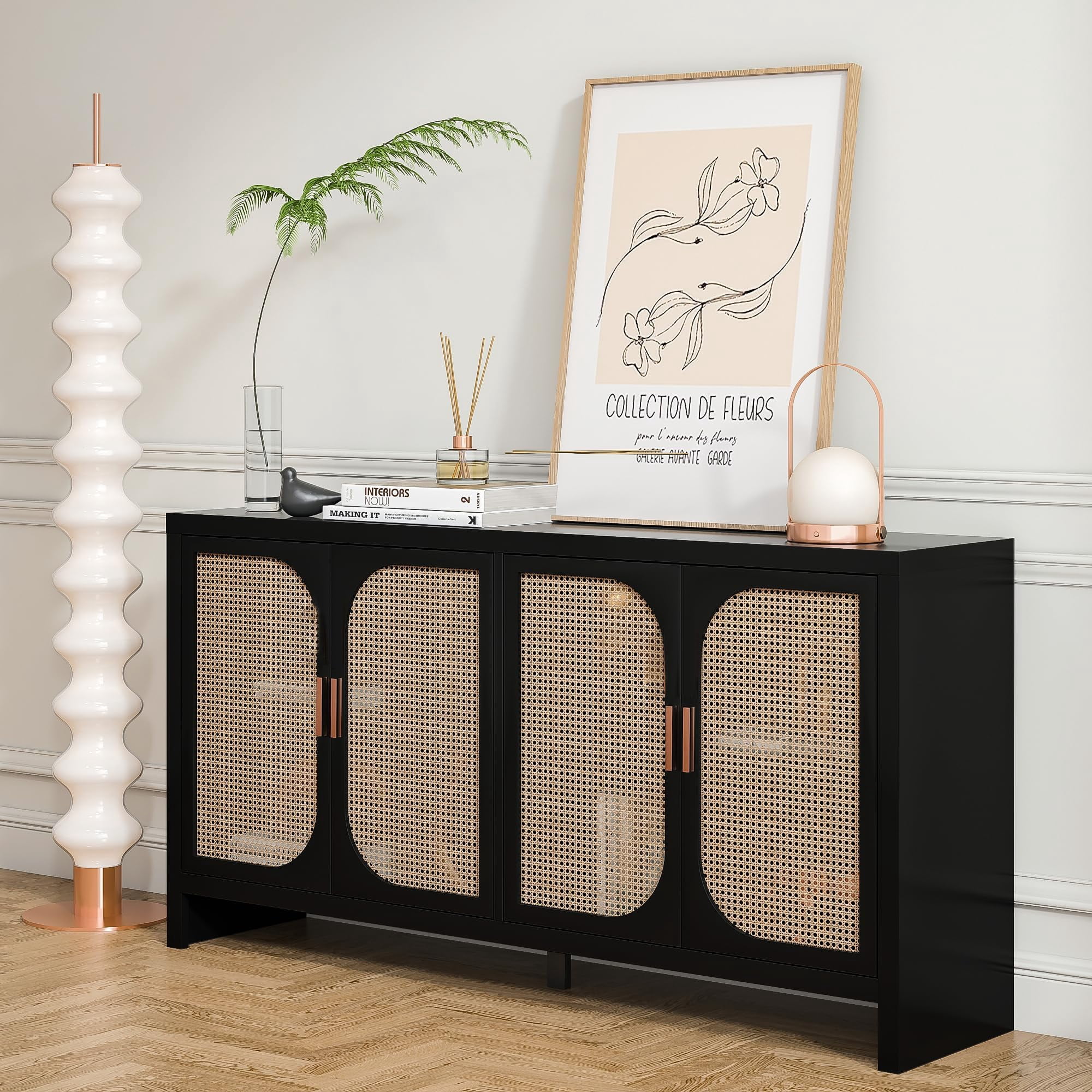 Rattan Buffet Sideboard, Kitchen Console Table with Doors, Rattan Credenza, Accent Cabinet