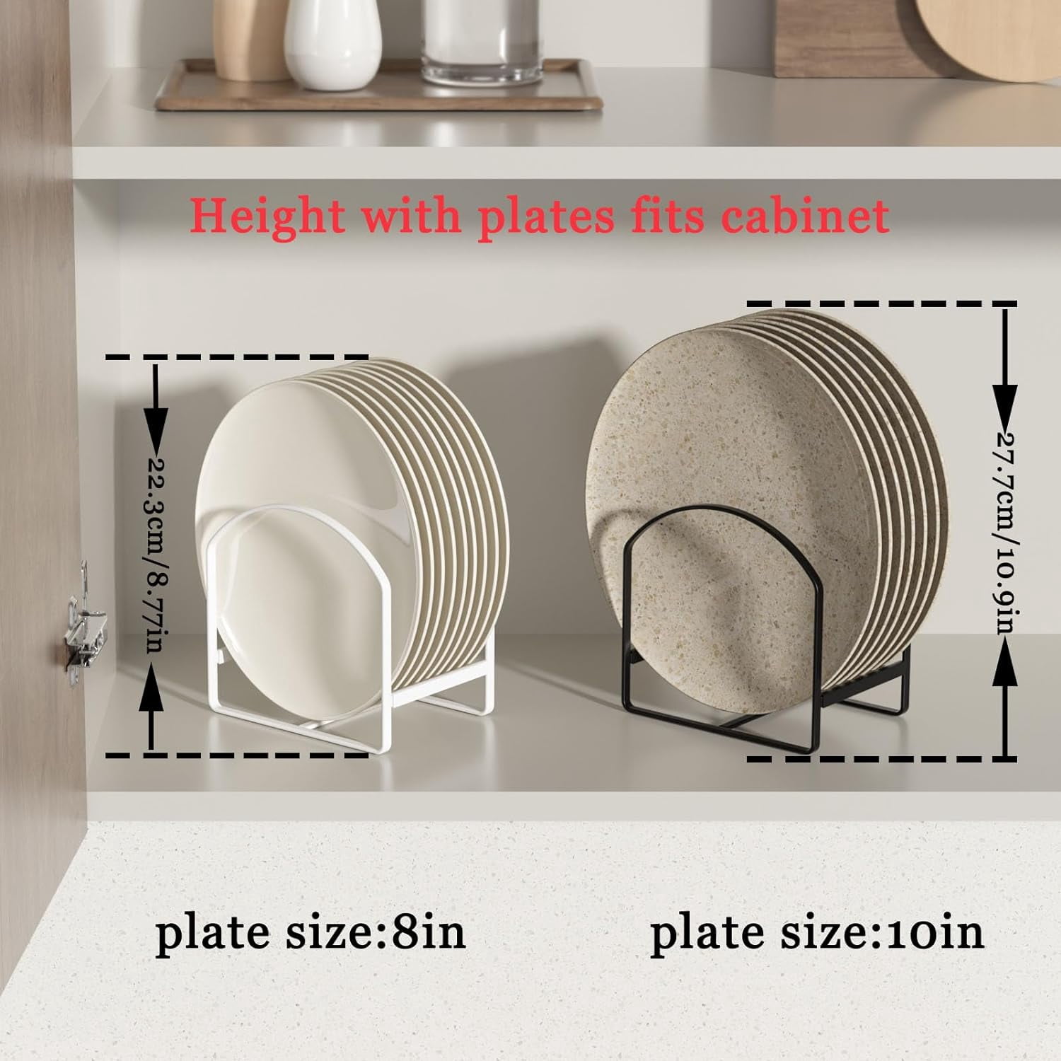 SUNFICON 4 Pack Plate Holder Organizer Large Dish Storage Rack Upright Dish Drying Racks Metal Plate Dish Racks Stand for Cupboard and Countertop-Non-Slip & Rustproof Black,2 Large and 2 Small