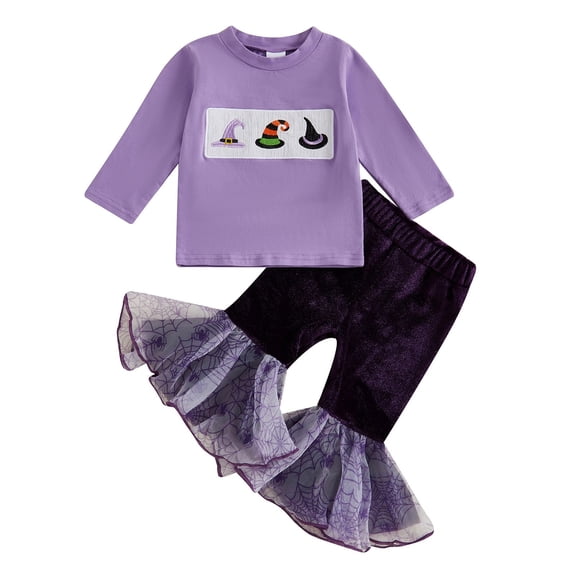 EnJoCho Girls Hallow-een 2-Piece Outfit - Long Sleeve Top and Bell Bottom Pants with Embroidery Pumpkin Pattern, Autumn Fall Children’s Clothing Set