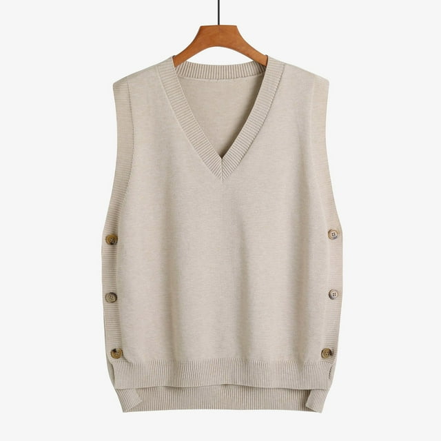 HOZADOIE Sweater Vest for Women Side Button Design Solid Color Sleeveless V Neck Versatile Loose Knit Simple Comfortable Pullover Sweater Spring Fall Style
