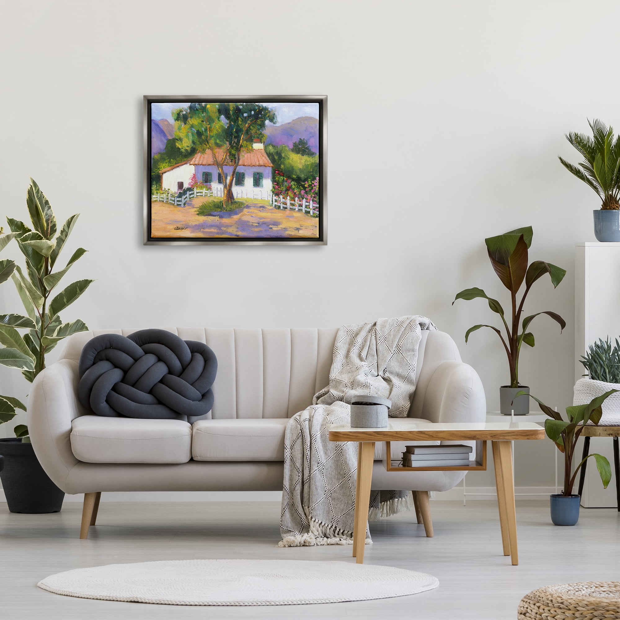 Stupell Industries Cottage Nature Painting Landscape Painting Gray Floater Framed Canvas Art Print Wall Art, 31 x 25