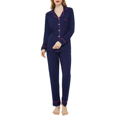 

INNERSY Women s Pajamas Set Long Sleeve Sleepwear Button Down Nightwear Soft Pj Lounge Sets (XS Navy)