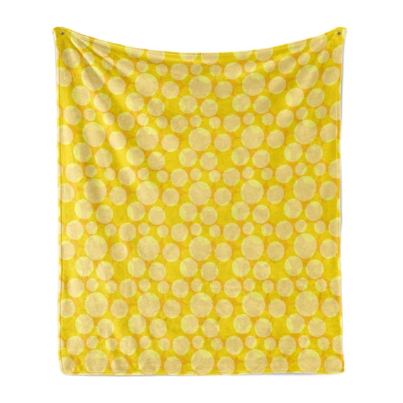 Yellow and White Soft Flannel Fleece Throw Blanket, Geometric Round Dots with Striped Design Abstract Ornament Print, Cozy Plush for Indoor and Outdoor Use, 50" x 60", Yellow and White, by Ambesonne