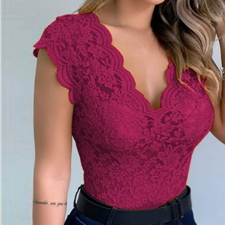 

Bessbest New Intimates Women Shirt Lace Shirt See Through Casual Slim Fit Tops Plus Size Short Sleeve Deep V Neck Temperament Trim Plunging Neck Lace Lingerie Top Vest Size S 5Xl