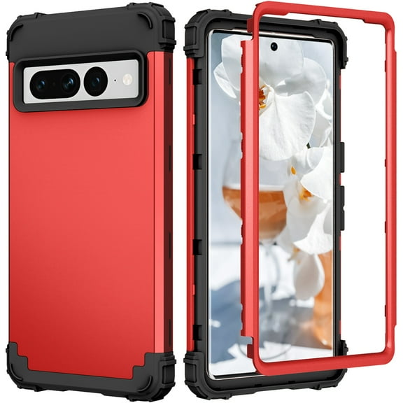 for Google Pixel 7 Pro Case, 3 in 1 Heavy Duty Rugged Hybrid Anti Slip Shockproof Hard PC Cover Soft Silicone Bumper Non-Slip Protective Phone Case Cover for Google Pixel 7 Pro, Red