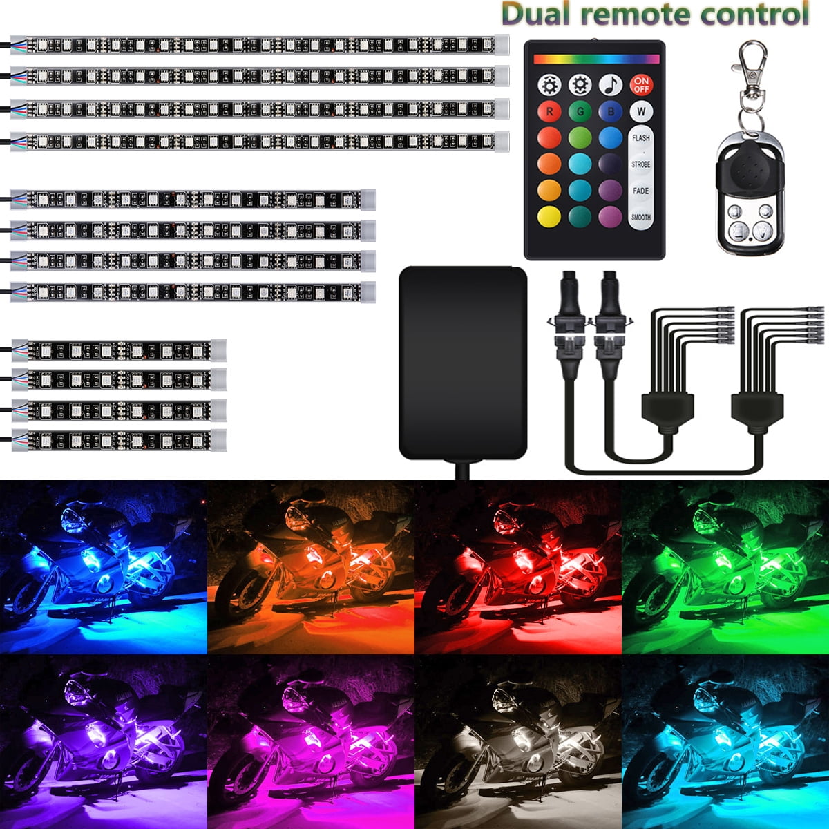 Motorcycle LED Light Kit Strips Multi-Color Accent Glow Neon Ground Effect Atmosphere Lights Lamp with Wireless Remote Controller for Harley Davidson Honda Kawasaki Suzuk 12PCS 