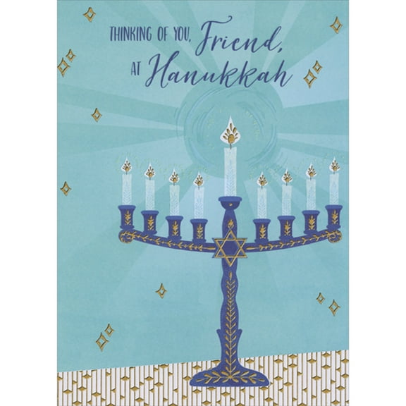 Designer Greetings Blue Menorah with Gold Foil Vines Accents and Star of David Hanukkah Card for Friend