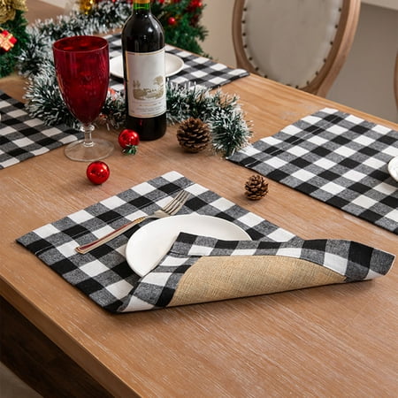 

Lixmnse Elegant Cotton and Linen Plaid Placemat for Christmas Holiday Decoration Rustic Vintage Table Flag Black