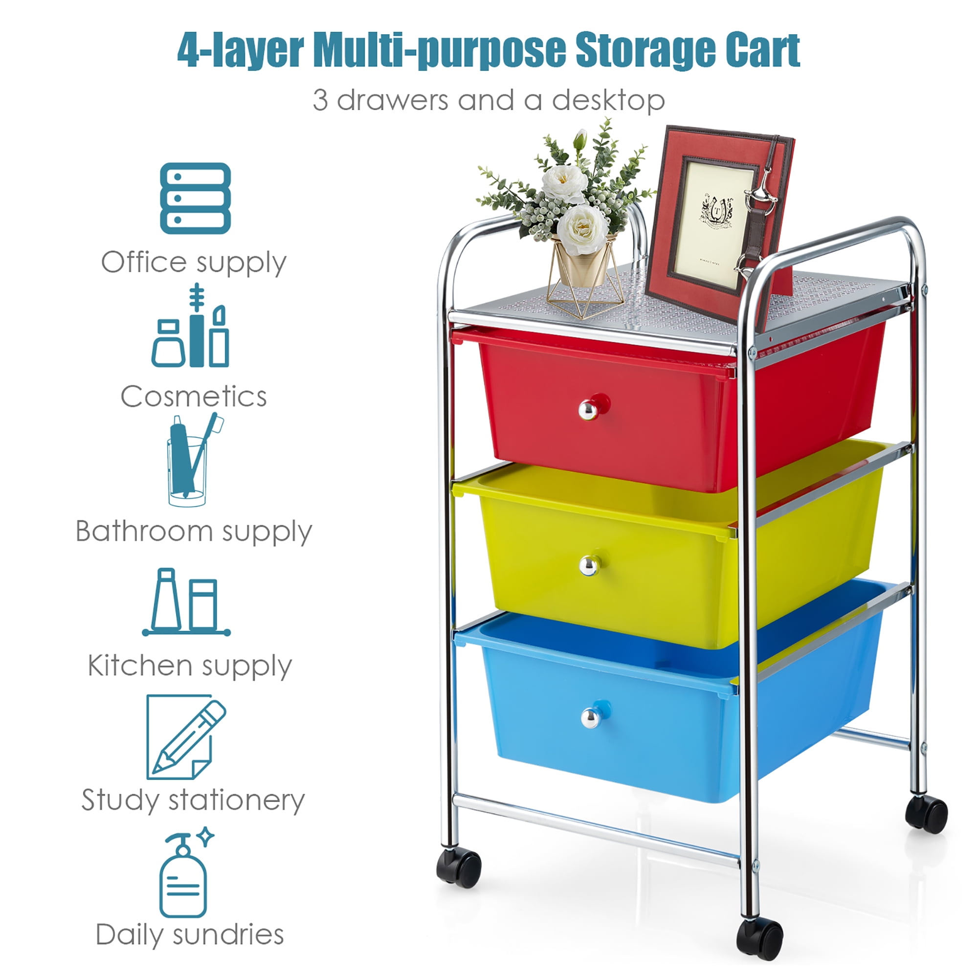 Buy 3Drawer Cart Storage Bin Organizer Rolling w/Plastic Drawers